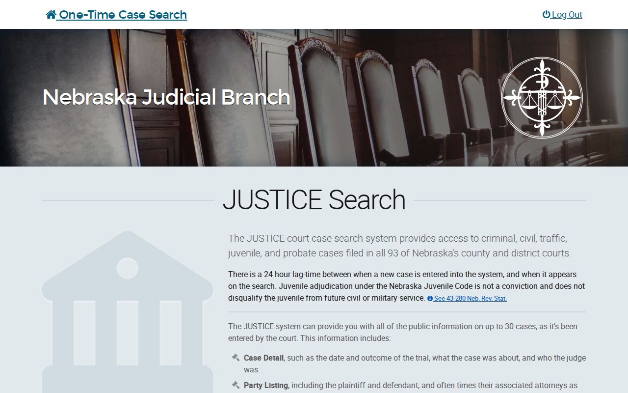 Sarpy County docket search JUSTICE one-time public search form