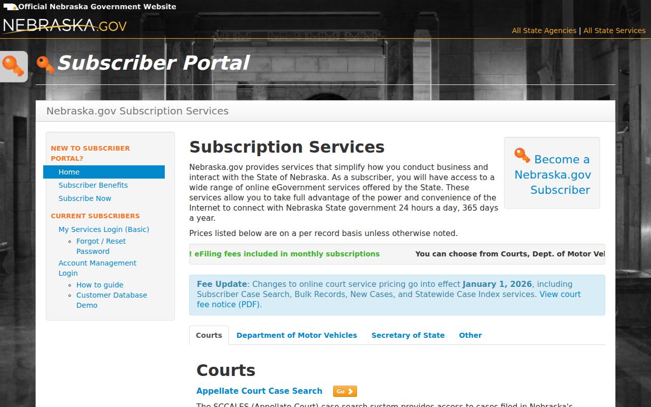 Sarpy County docket search Nebraska JUSTICE subscriber access information
