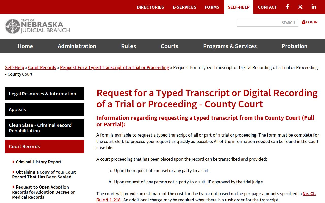 Sarpy County civil docket hearing transcript and recording instructions