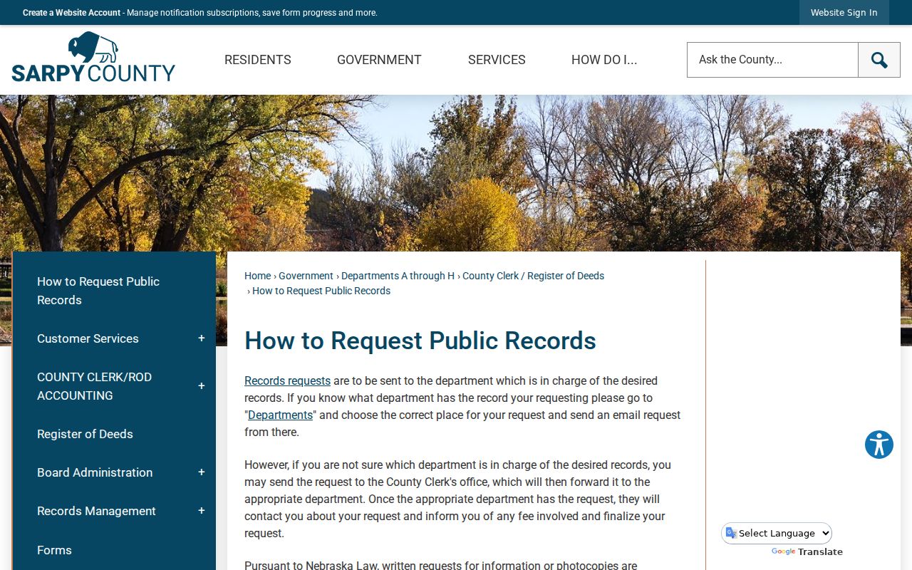 Sarpy County court records request process from the county public-records page