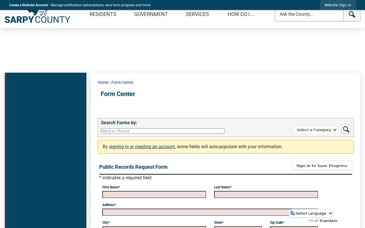 Sarpy County court records public-request form and record categories