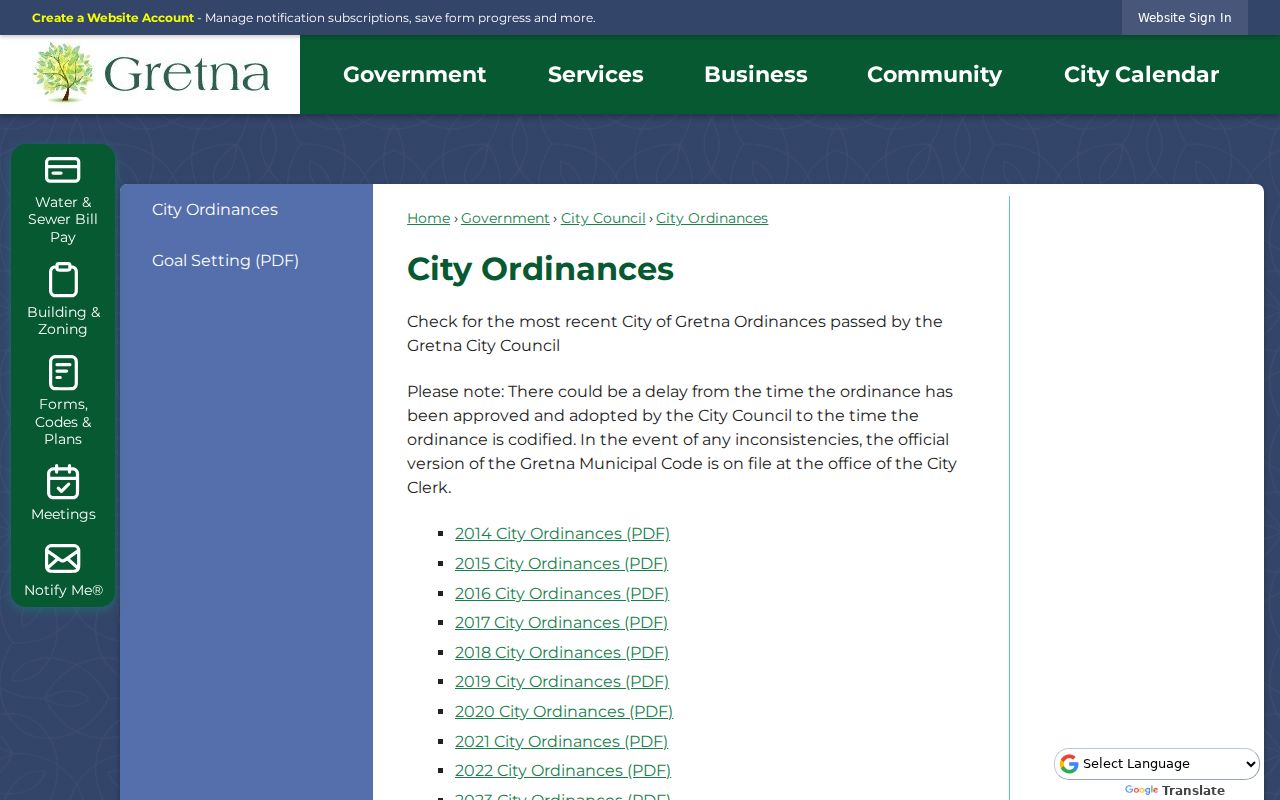 Sarpy County Gretna court records source showing the Gretna city ordinance archive