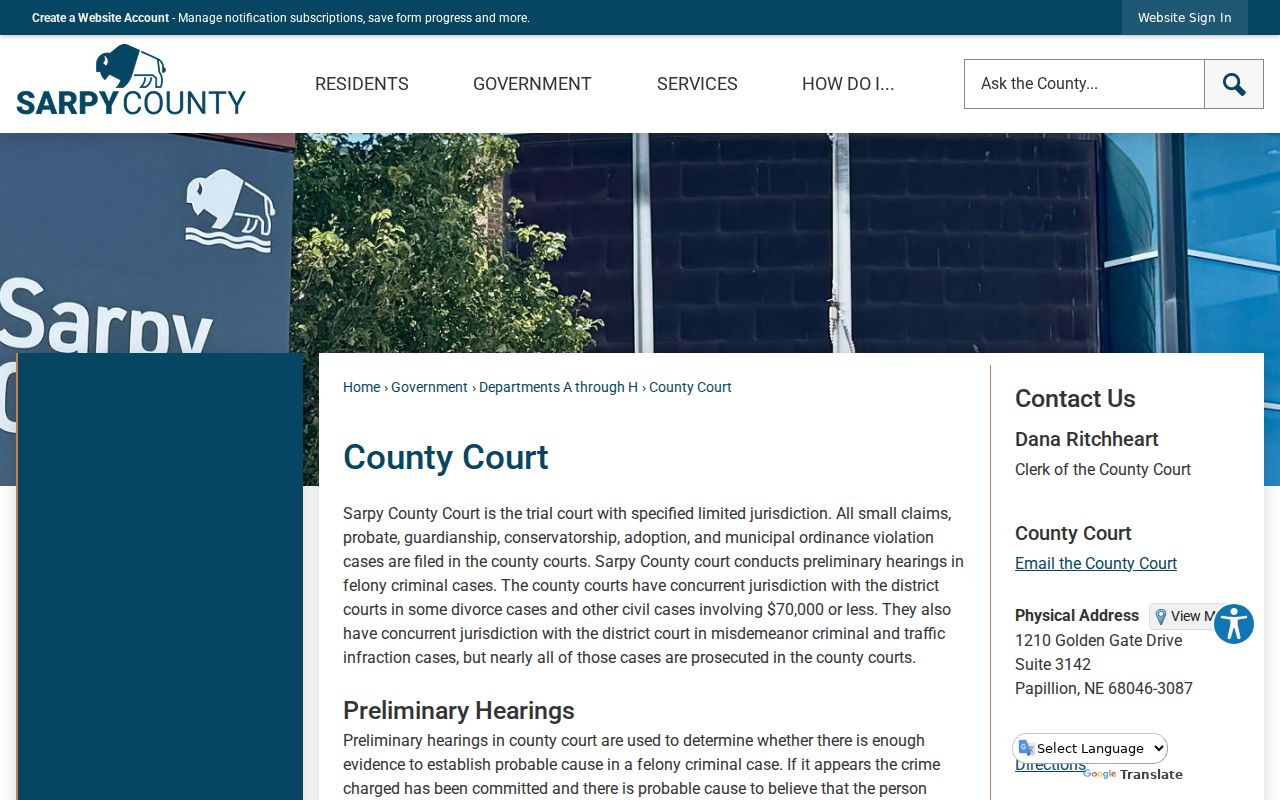 Sarpy County court docket County Court records page