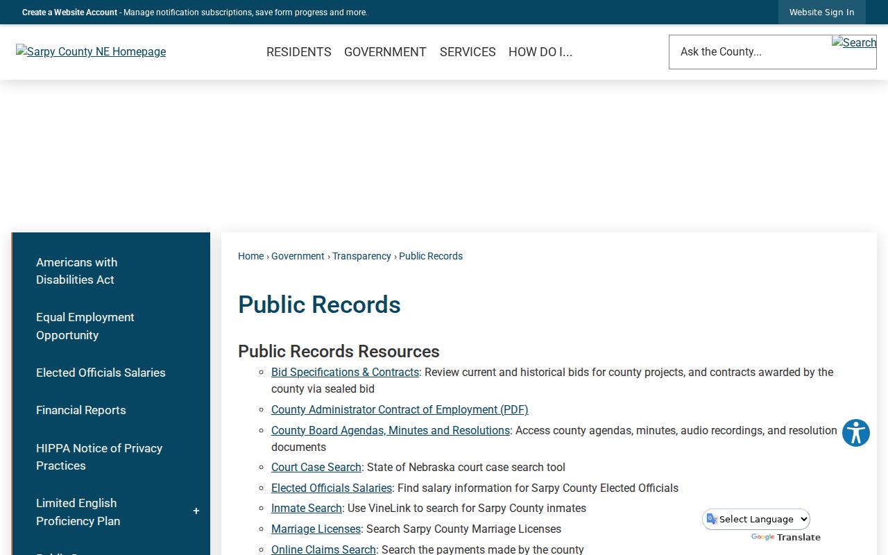 Sarpy County court docket public records request information
