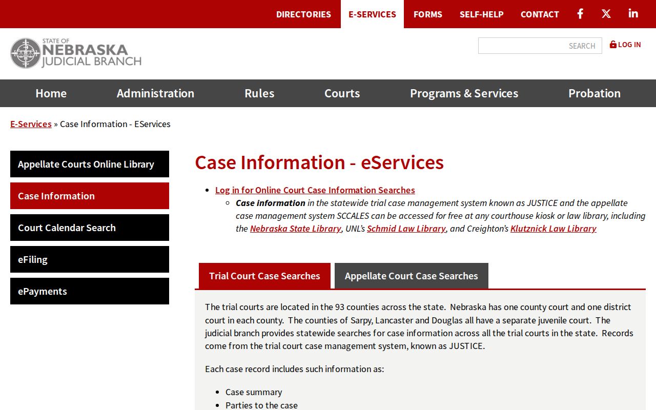 Sarpy County La Vista court records source showing Nebraska JUSTICE case information access