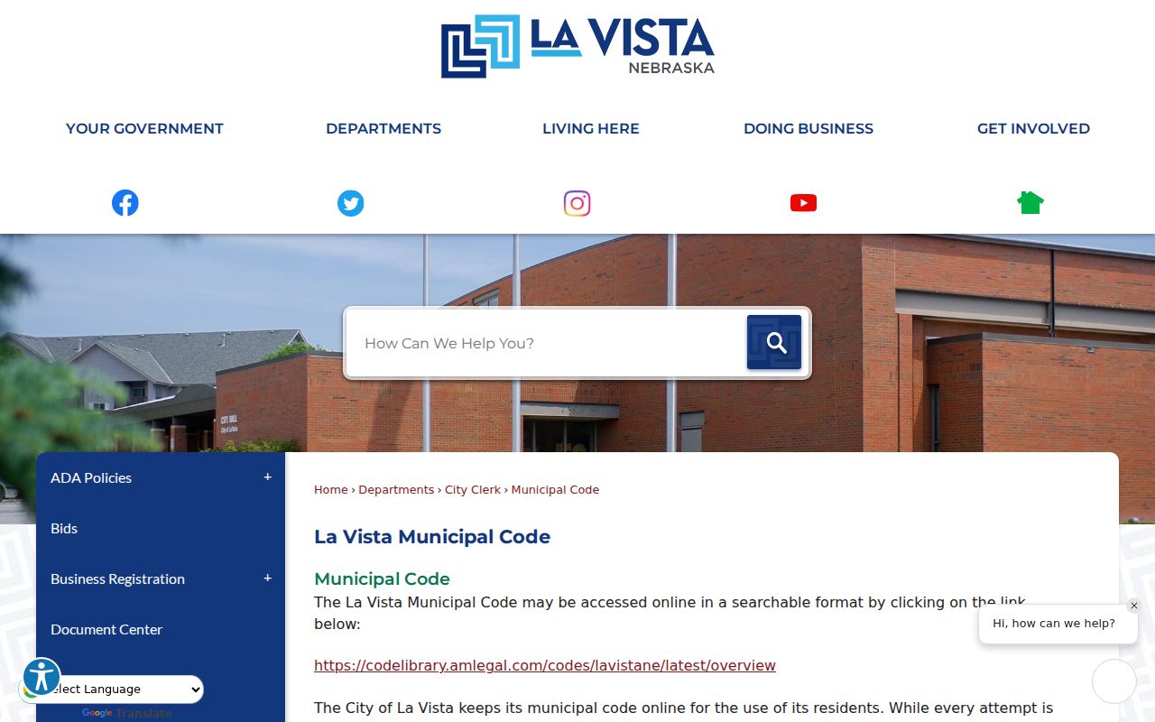 Sarpy County La Vista court records source showing the La Vista Municipal Code