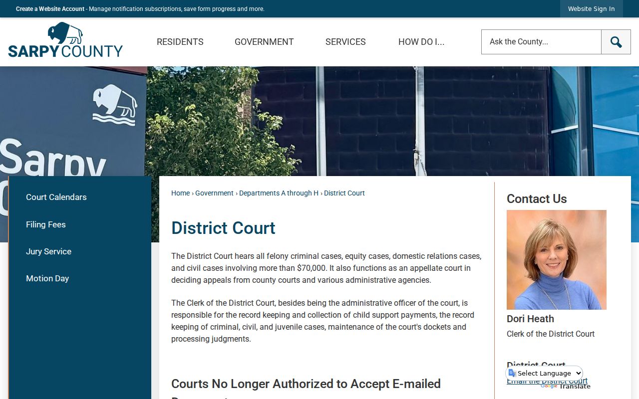 Sarpy County Papillion court records source showing the District Court
