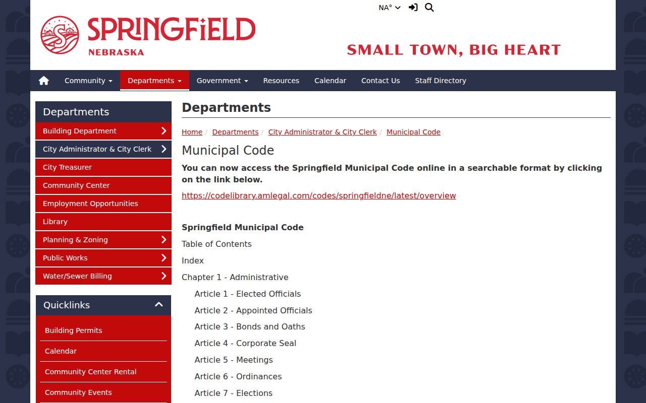 Sarpy County Springfield Nebraska court records source showing the municipal code page