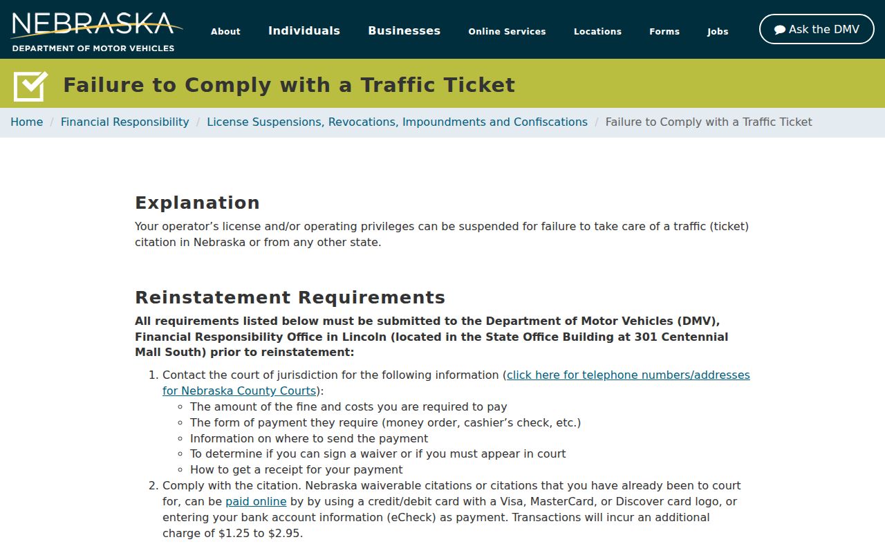 Sarpy County traffic court records DMV compliance and reinstatement instructions